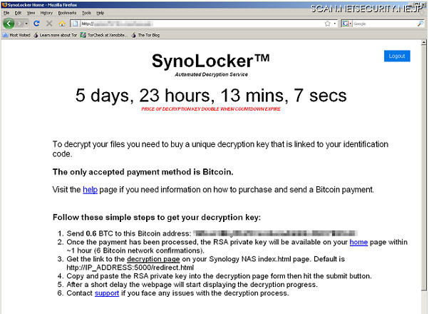 犠牲者に提示される、Torネットワーク上のSynoLockerのページのスクリーンショット