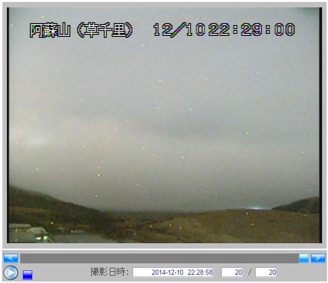 同じく22時ころの阿蘇山の火山カメラ画像。全体にノイズは出ているが明るさは十分確保できている。