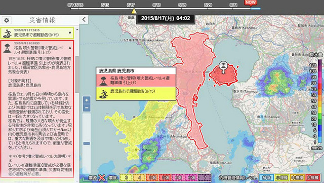 全国災害情報パネル上の桜島噴火警報、鹿児島市の桜島周辺の警戒レベル表示、雨雲レーダーの組み合わせ