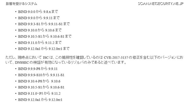 脆弱性の影響を受ける「ISC BIND 9」のバージョン