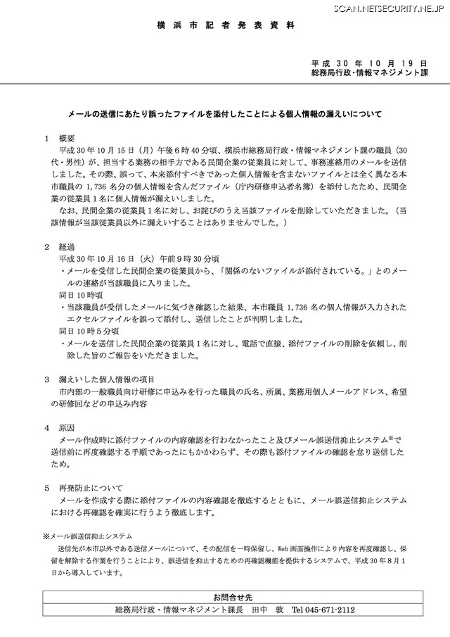 メール誤送信抑止システムのチェックを怠り個人情報を含むファイルを外部に誤送信 横浜市 2枚目の写真 画像 Scannetsecurity