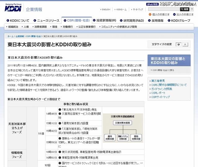 「東日本大震災の影響とKDDIの取り組み」ページ