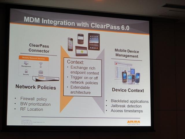 ClearPass Ver.6.0に実装されたMDMとの連携機能。MDM製品から得られた情報をプロファイリングに利用し、ポリシーに細かく反映