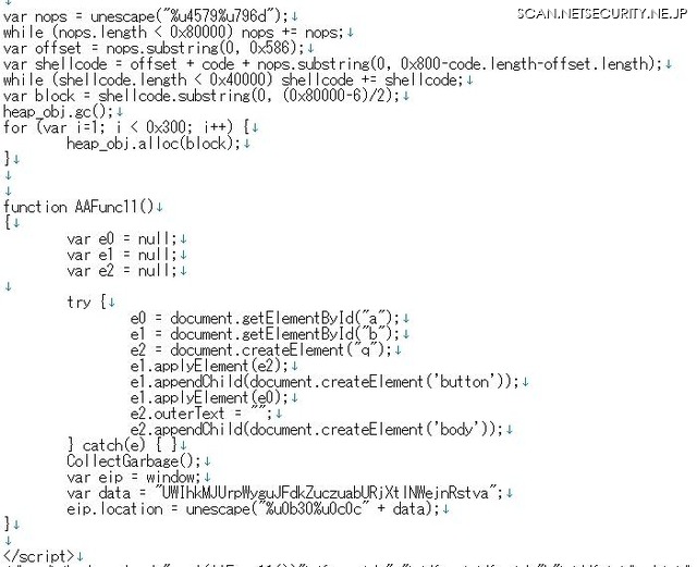 本脆弱性を悪用する不正なJavaScriptを含むHTMLファイルの一部（例）