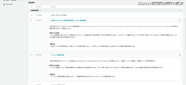 GMOサイバー攻撃ネットde診断エンタープライズの診断結果、項目詳細