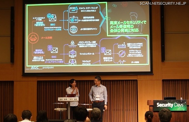 AGC 株式会社 情報システム部 ITコンピテンスセンター グローバルインフラグループリーダー 谷口 達郎 氏（右）、日本プルーフポイントのチーフエバンジェリスト 増田 幸美 氏（左）