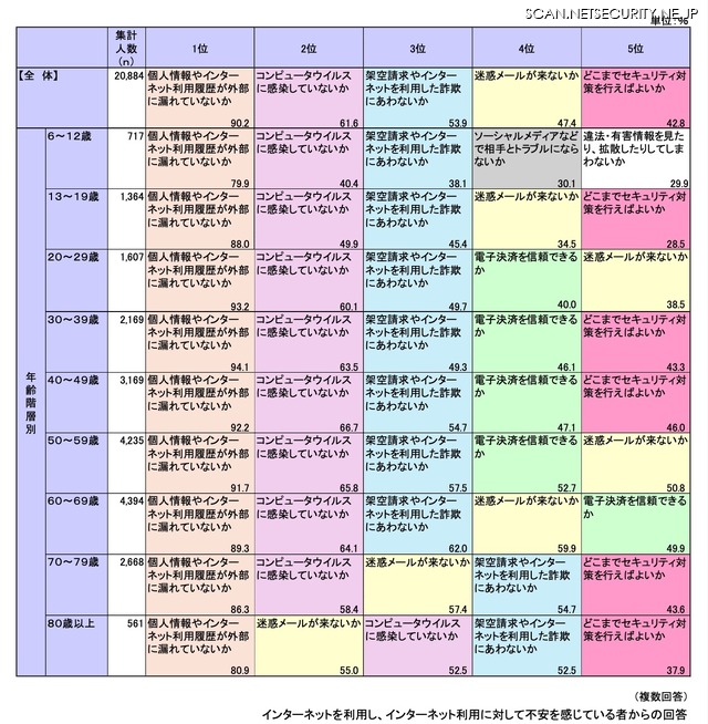 インターネット利用における不安の内容（年齢階層別）