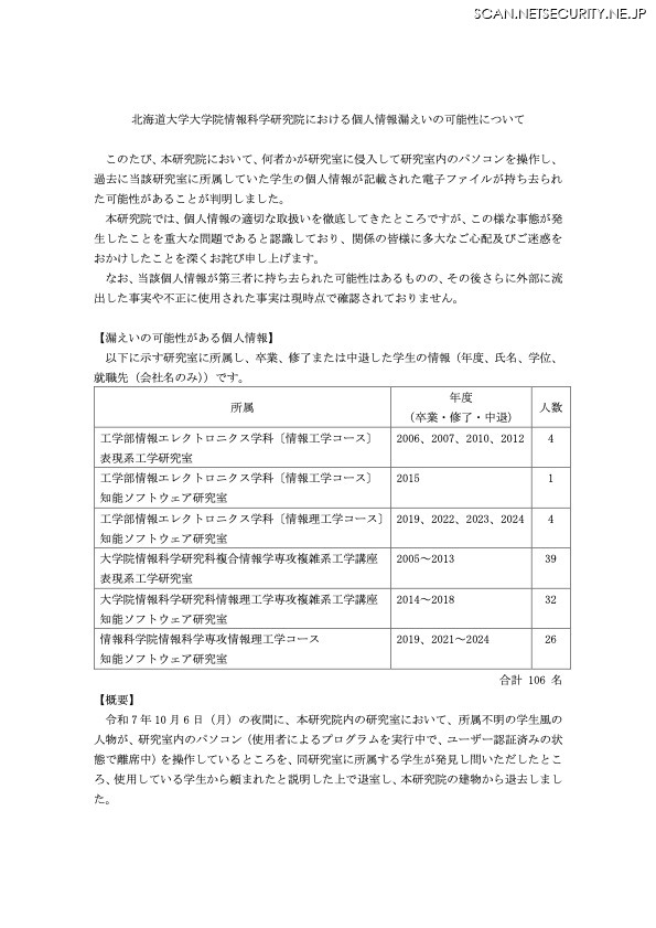 リリース（北海道大学大学院情報科学研究院における個人情報漏えいの可能性について）
