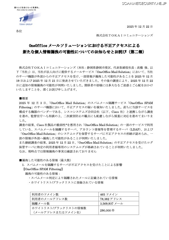 リリース（OneOffice メールソリューションにおける不正アクセスによる新たな個人情報漏洩の可能性についてのお知らせとお詫び（第二報））
