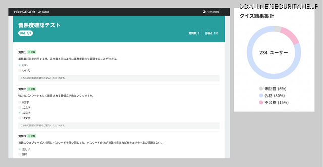 Tadrill e-Learning の画面イメージ。受講者のテスト回答画面（左）と、管理者側の結果集計画面（右）