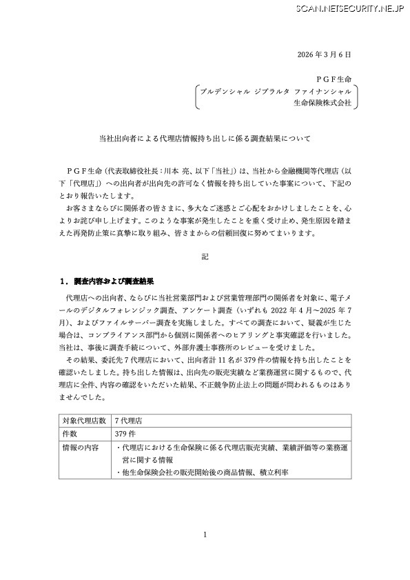 リリース（当社出向者による代理店情報持ち出しに係る調査結果について）