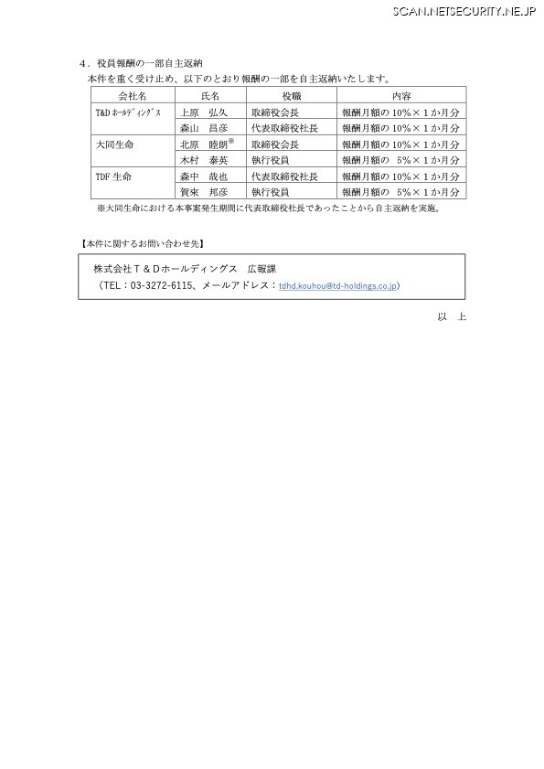 リリース（役員報酬の一部自主返納）