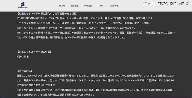 リリース（対象となるユーザー様と漏えいした可能性のある項目）