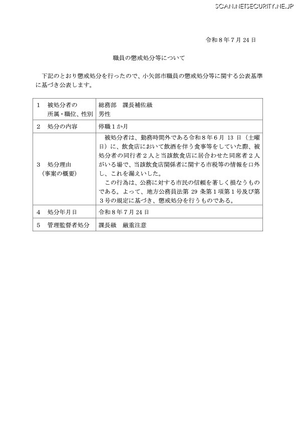 リリース(職員の懲戒処分等について)