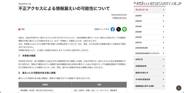リリース（不正アクセスによる情報漏えいの可能性について）
