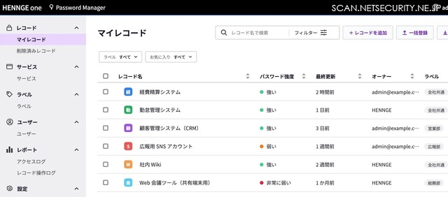 HENNGE Password Managerのレコード管理画面