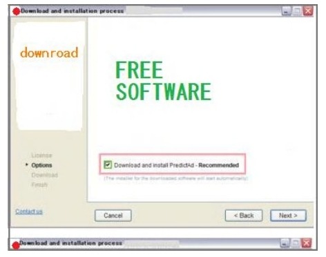 フリーソフトをダウンロードする際などに広告表示をするプログラム（アドウェア）の画面例