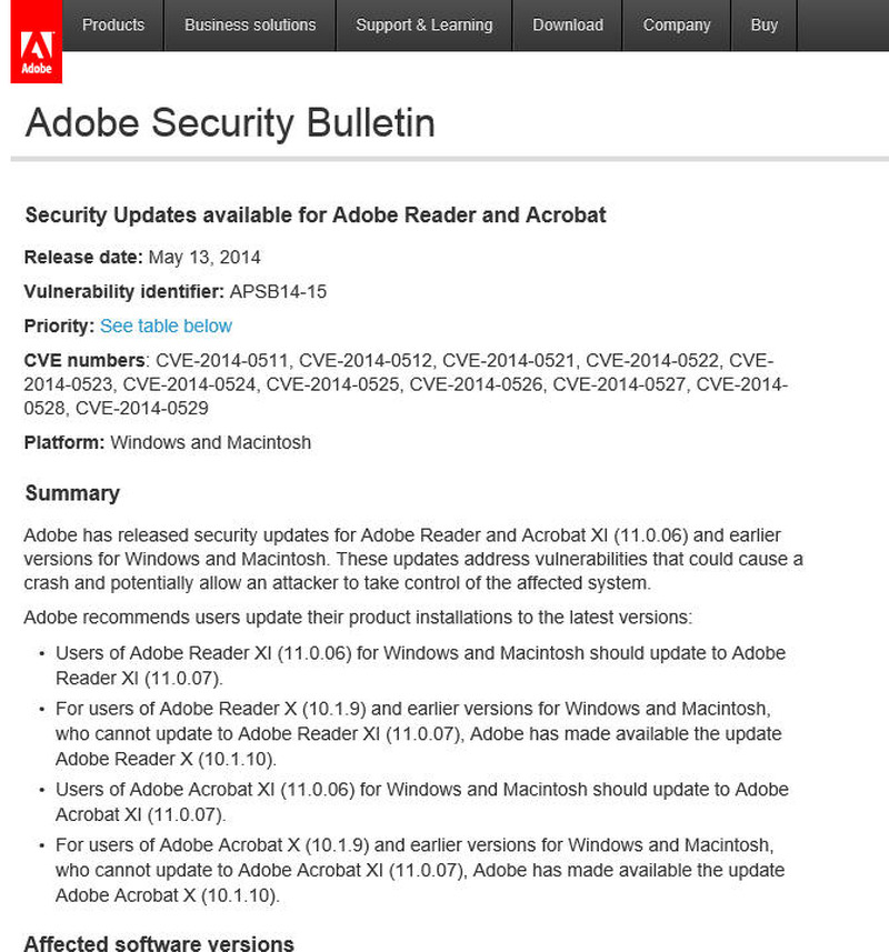 アドビによるアップデート情報