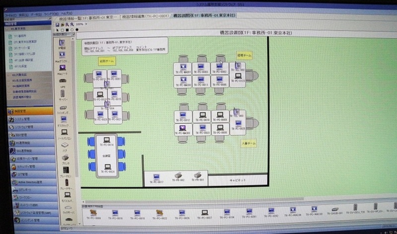 「SS1」のクライアントではサーバを介してネットワーク内のデバイスをビジュアルで表示する「機器設置図」機能を持つ。プリンタも表示されている