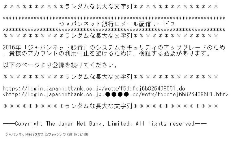 ジャパンネット銀行を騙るフィッシングメールの文面