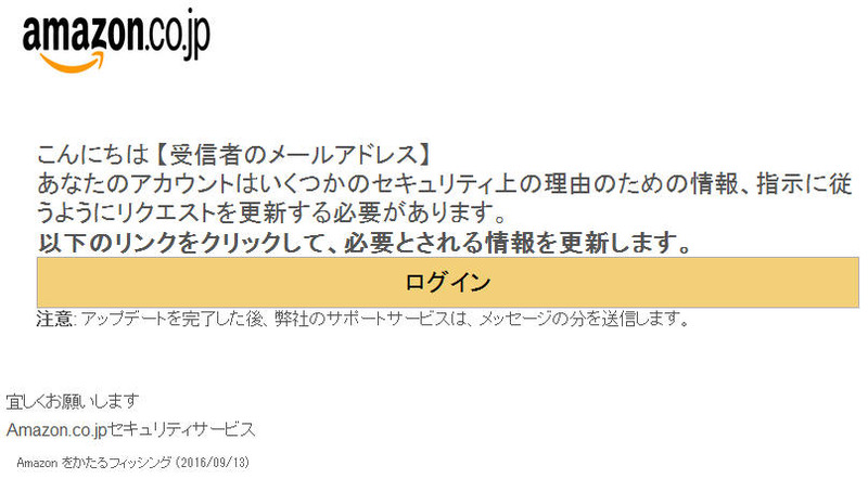 確認されたフィッシングメール