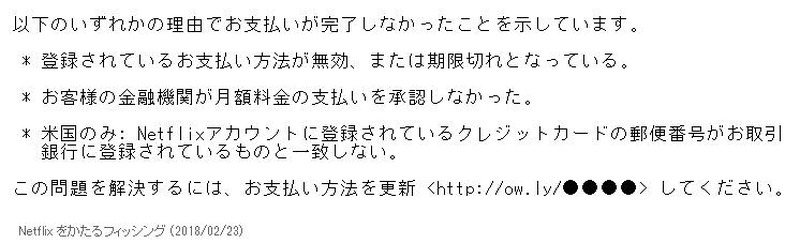 確認されたフィッシングメール