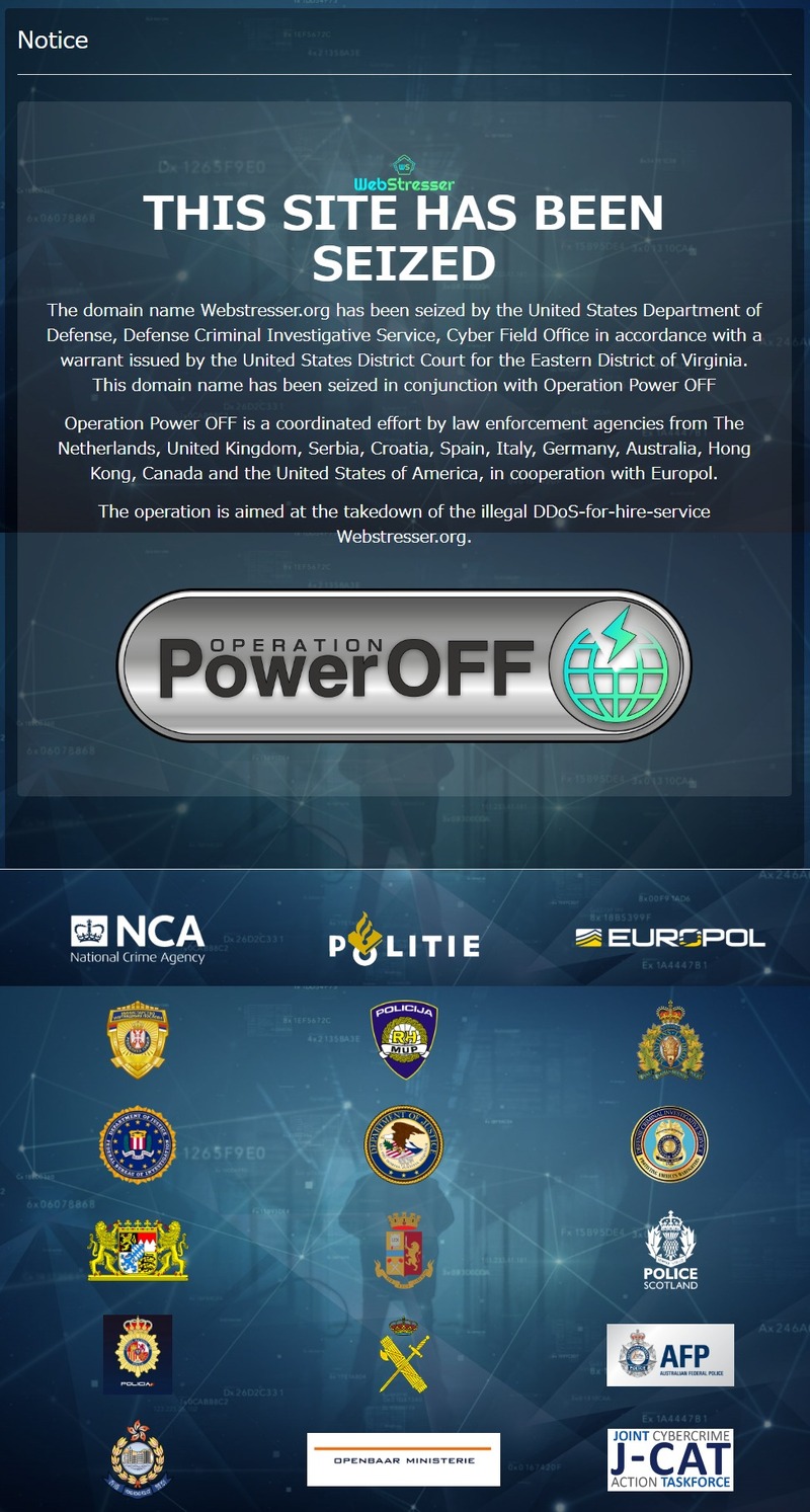 webstresser.org トップページのサイト閉鎖のメッセージと関係法執行機関のロゴ一覧