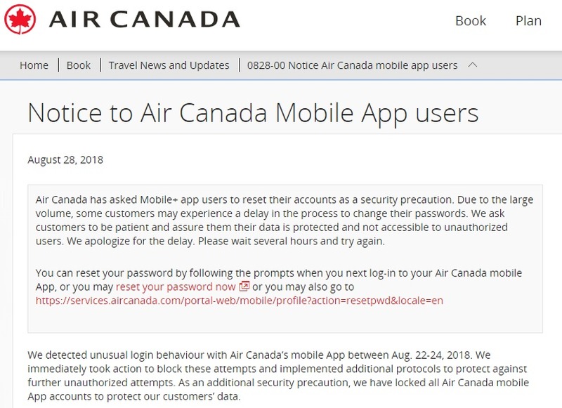 エアカナダによるユーザーへの通知