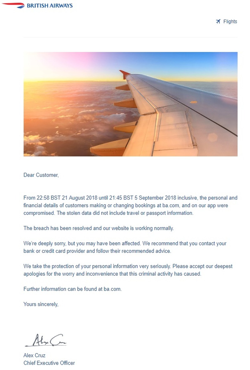 ブリティッシュ・エアウェイズ社 アレックス・クルーズ会長兼 CEO によるお詫び