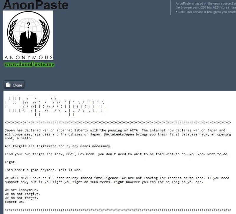 Anonymous の対日攻撃プロジェクト#opJapan 傘下の@ActaLeaksJapan による声明と、漏えいした全個人情報が記載されたページ