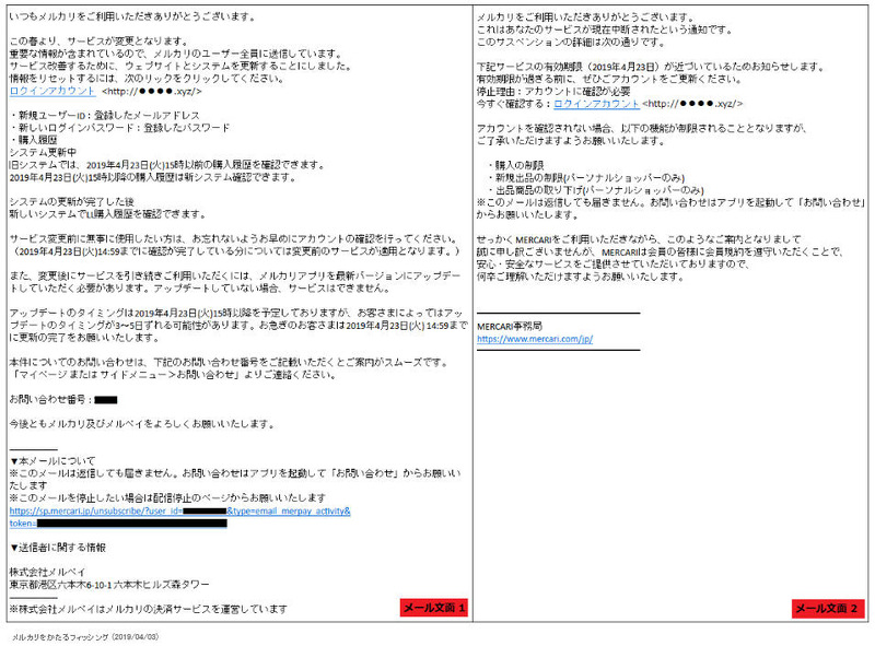 確認されたフィッシングメール