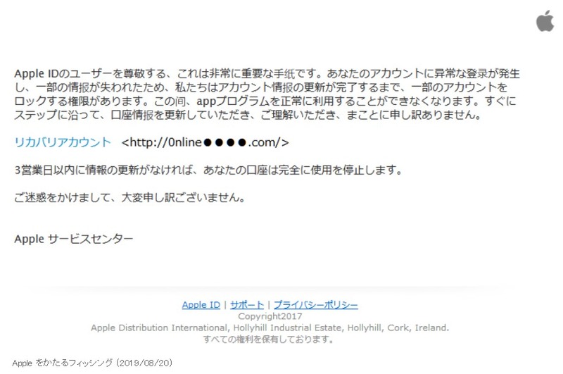 確認されたフィッシングメール
