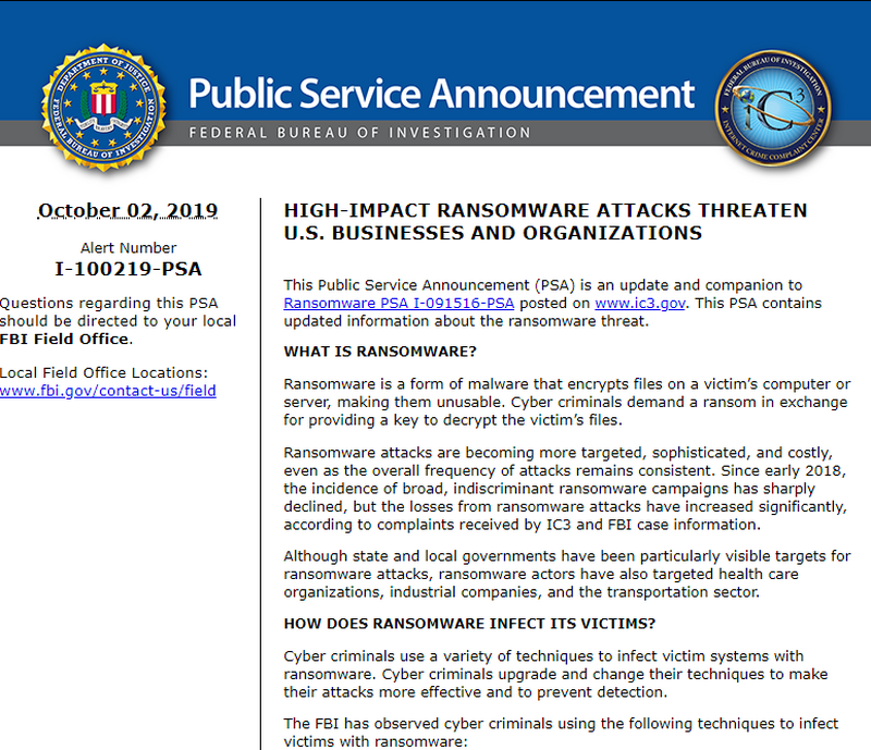 ランサムウェアの身代金要求への対処法に関する企業向け指針( FBI )