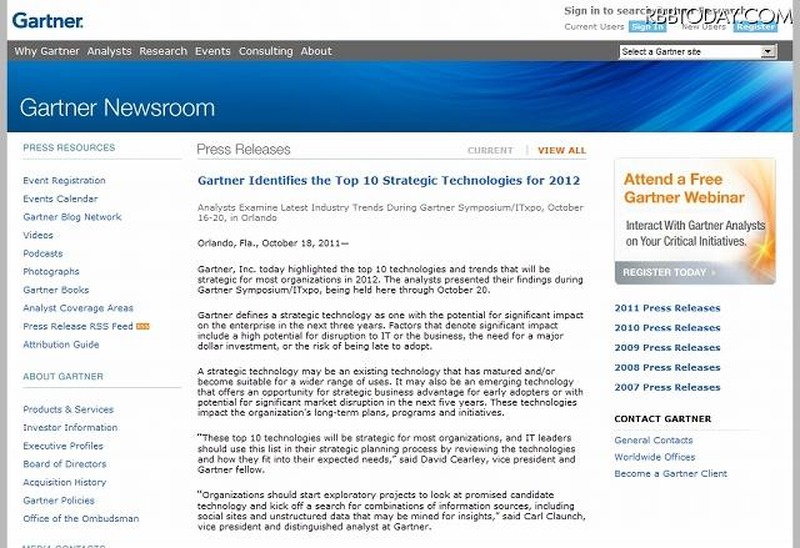 ガートナーによる発表（Gartner Identifies the Top 10 Strategic Technologies for 2012）