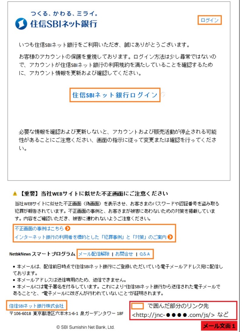 確認されたフィッシングメール（文面1）