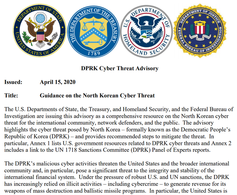 「Guidance on the North Korean Cyber Threat 」