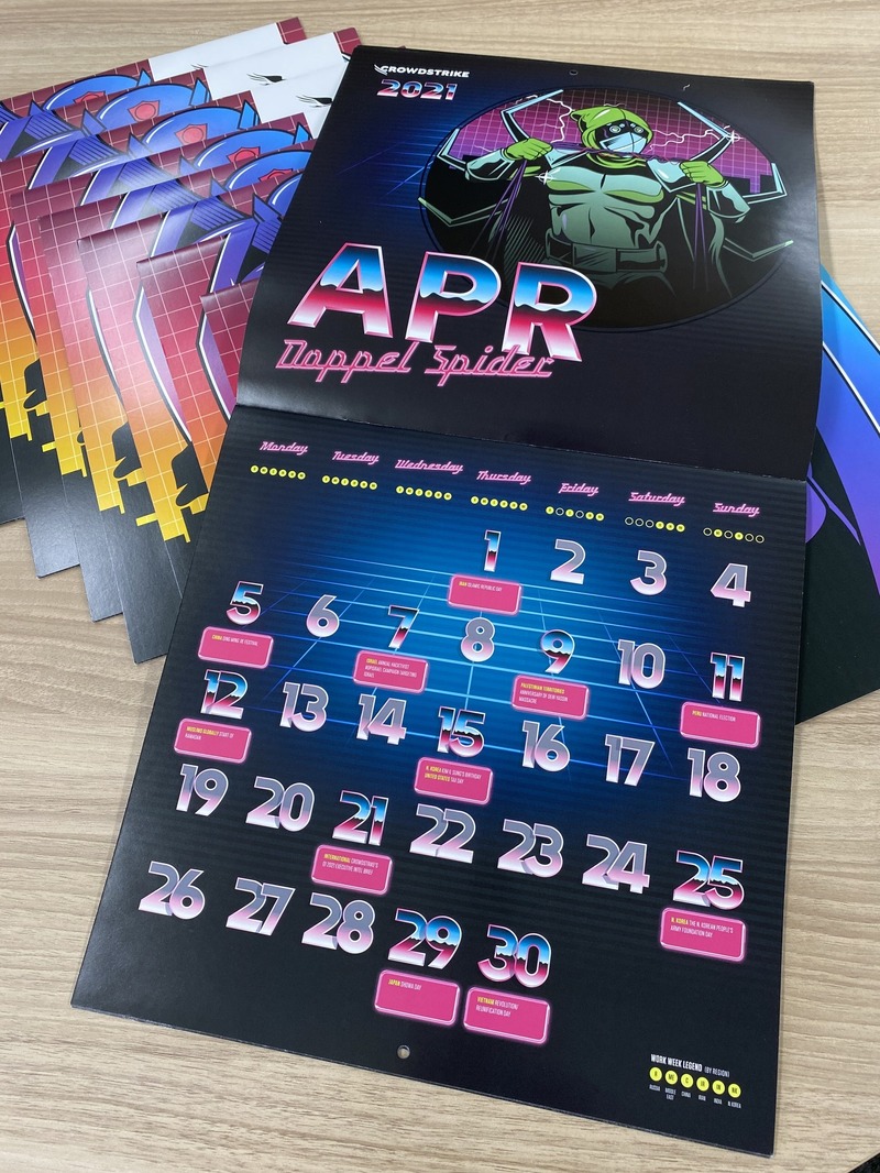4 月のカレンダーボーイは「 Spider（国家支援を受けないサイバー犯罪組織）」（2021 CrowdStrike カレンダー）