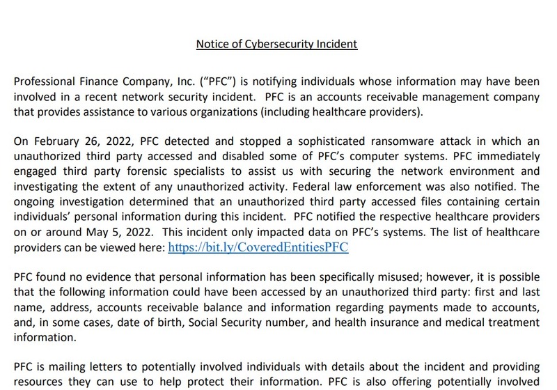 Professional Finance Company社声明（https://s3.documentcloud.org/documents/22084965/pfc-notice-of-ransomware-attack.pdf）