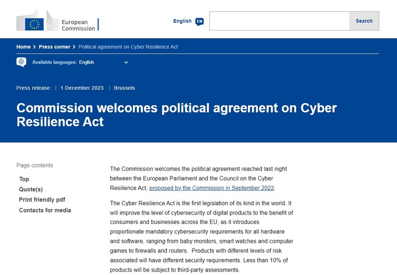 Political agreement on Cyber Resilience Act（https://ec.europa.eu/）