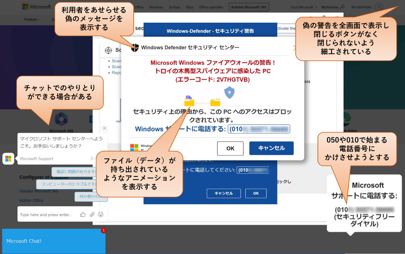 体験サイトで表示される偽のセキュリティ警告画面