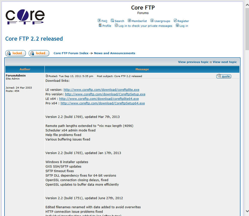 Core FTPのアップデートリリースページ