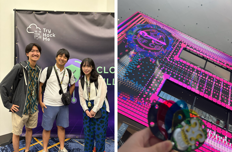 Cloudbaseチーム3人の記念写真とDEF CON会場前