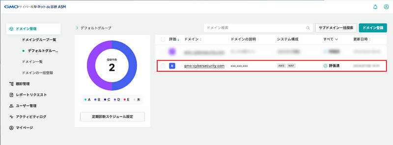 「GMOサイバー攻撃 ネットde診断 ASM」管理画面