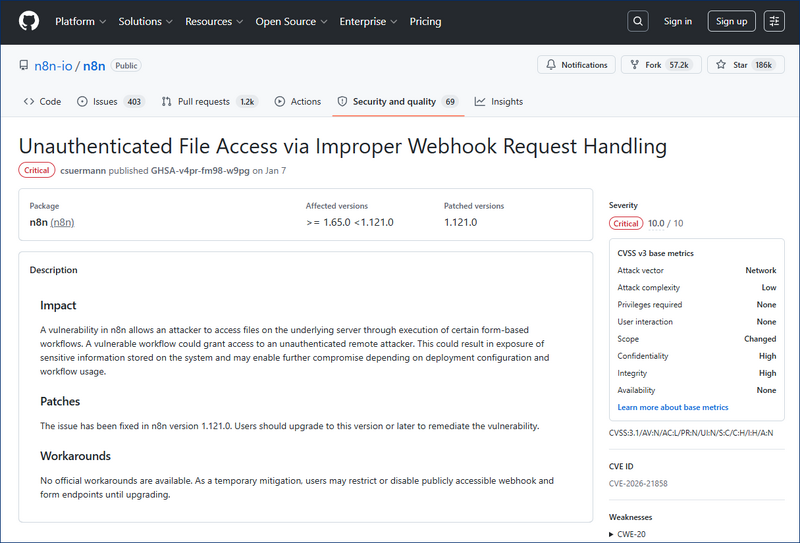 https://github.com/n8n-io/n8n/security/advisories/GHSA-v4pr-fm98-w9pg