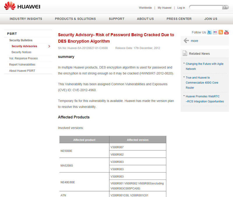 Huawei のセキュリティアドバイザリ（英語）