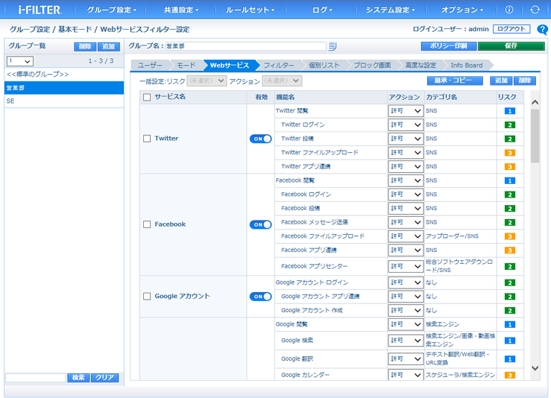 設定画面例、Webサービスの機能別リスクを5段階で表記し、「ログイン可だが投稿不可」など部門別設定が可能