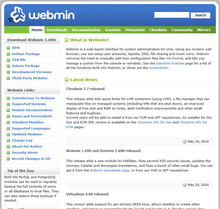 WebminのWebサイト