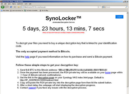 犠牲者に提示される、Torネットワーク上のSynoLockerのページのスクリーンショット