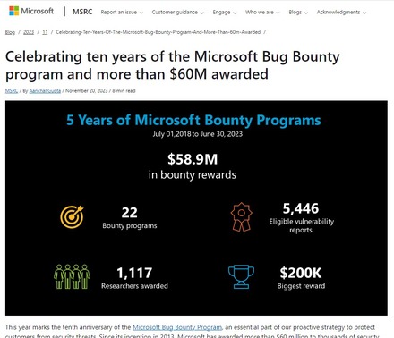 https://msrc.microsoft.com/blog/2023/11/celebrating-ten-years-of-the-microsoft-bug-bounty-program-and-more-than-60m-awarded/