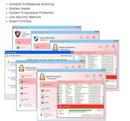 過去にIPAに相談があった「偽セキュリティ対策ソフト」型ウイルスの画面（一部）